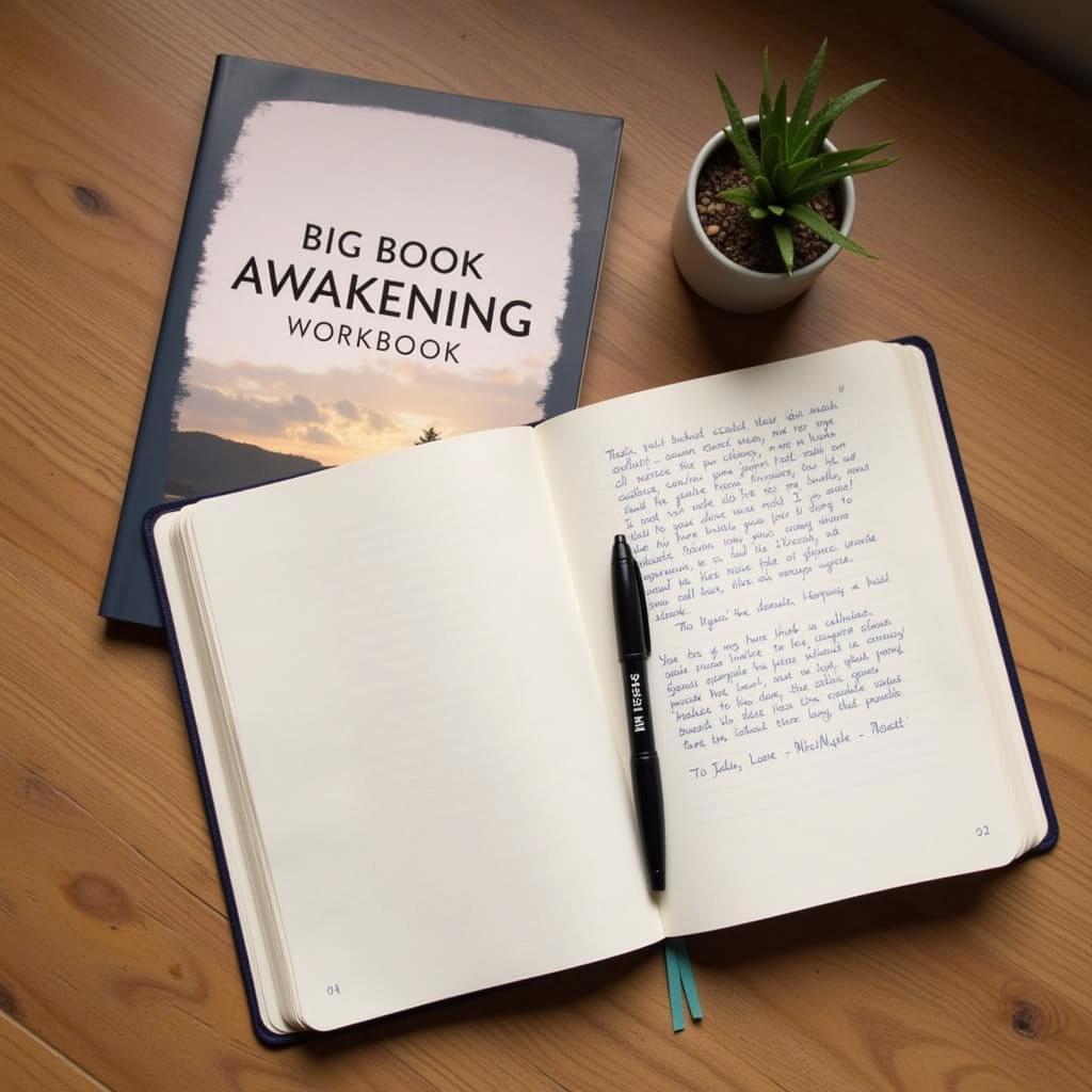 Open Journal with Pen and Big Book Awakening Workbook