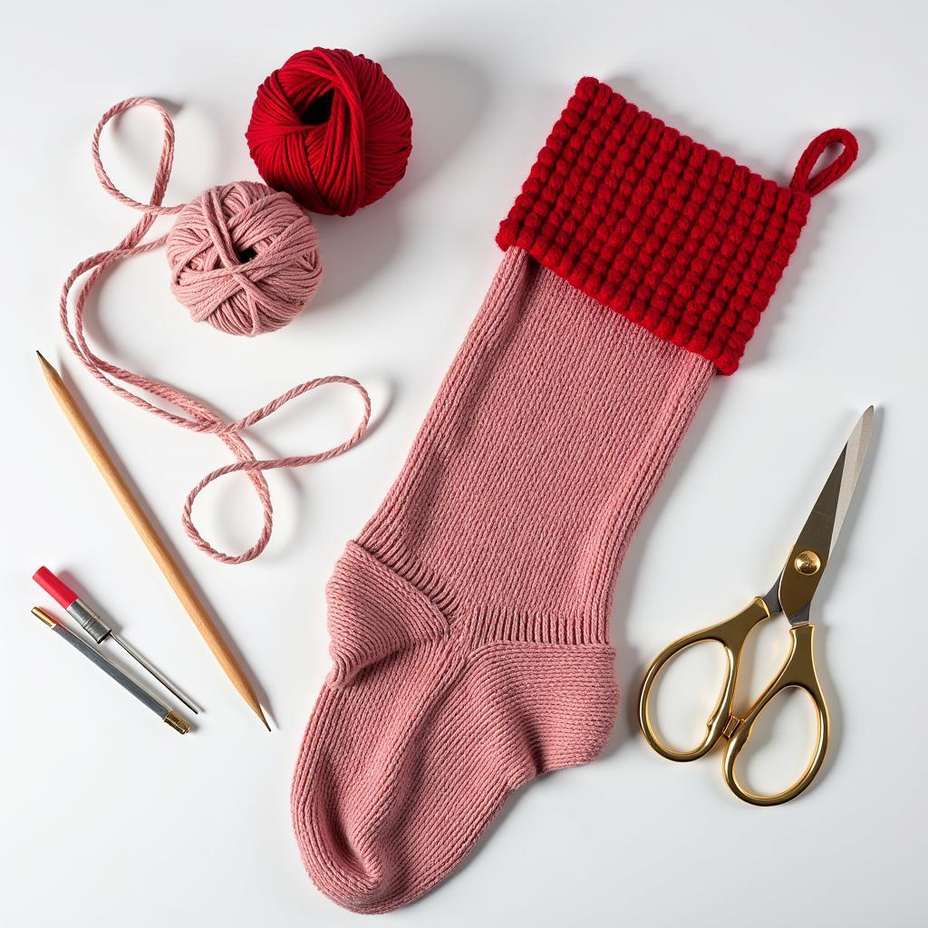 Knitted Christmas stocking and knitting supplies arranged on a table