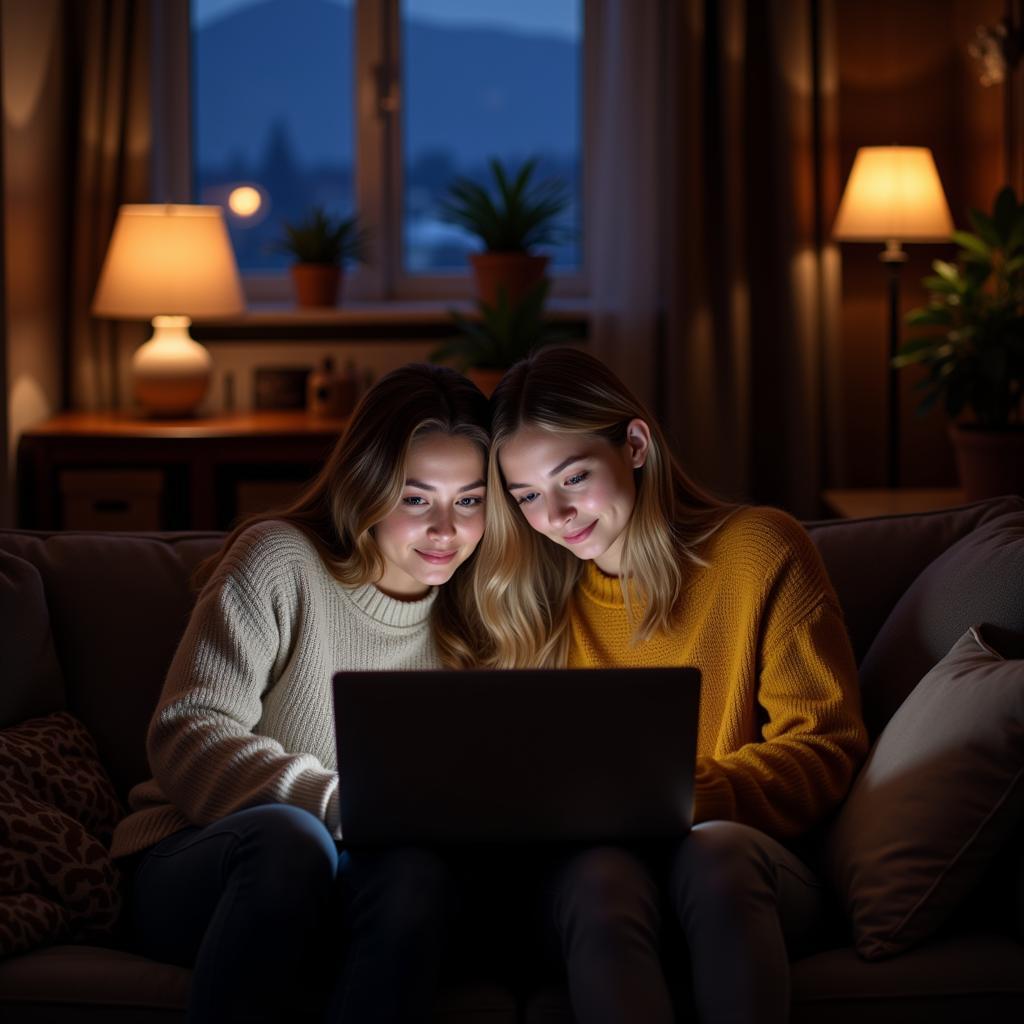 Two women cuddle on a couch while watching a movie on their laptop.