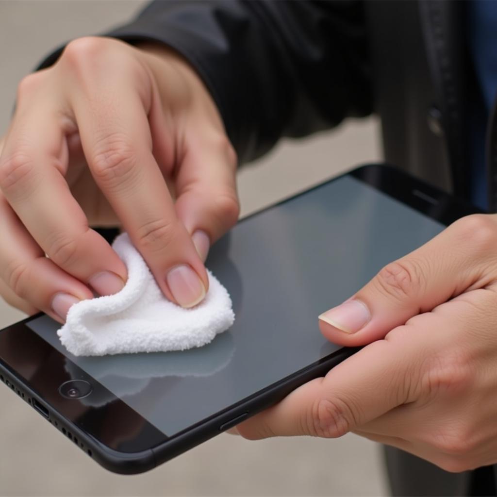 A person cleaning their smartphone screen with a microfiber cloth