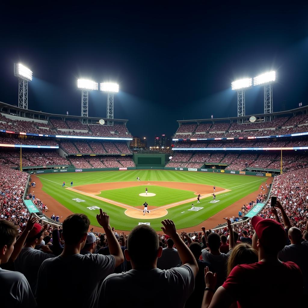 Fans cheering at a baseball game with "Major League All Night Long" playing