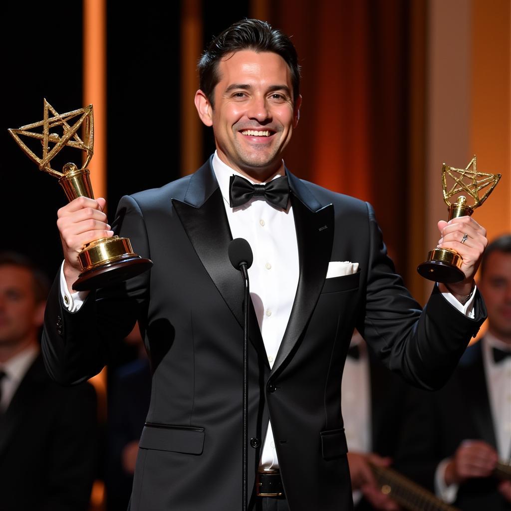 Marioo holding a golden microphone-shaped award on stage