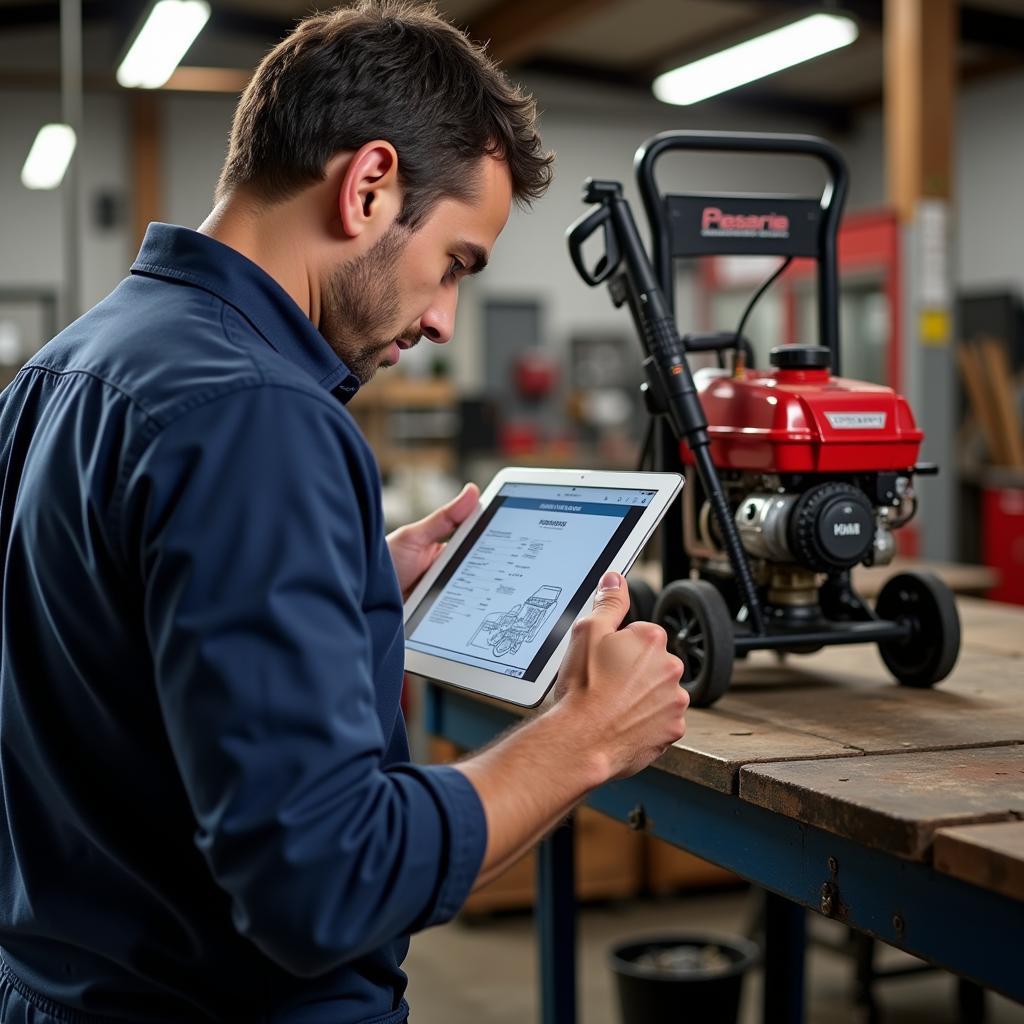 A mechanic uses a digital pressure washer manual on his tablet while repairing a pressure washer in his shop. 