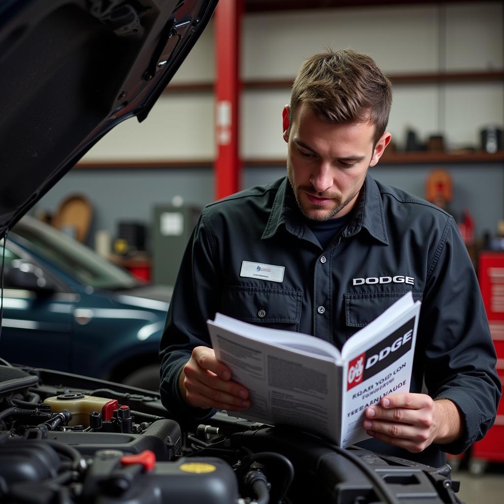 Mechanic Using Dodge Repair Manual