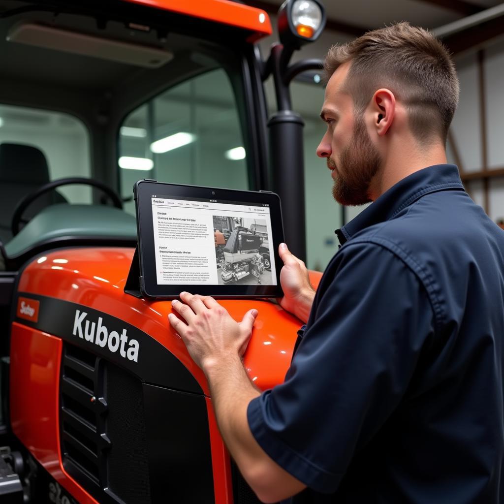 Mechanic Using Kubota Service Manual to Repair Tractor