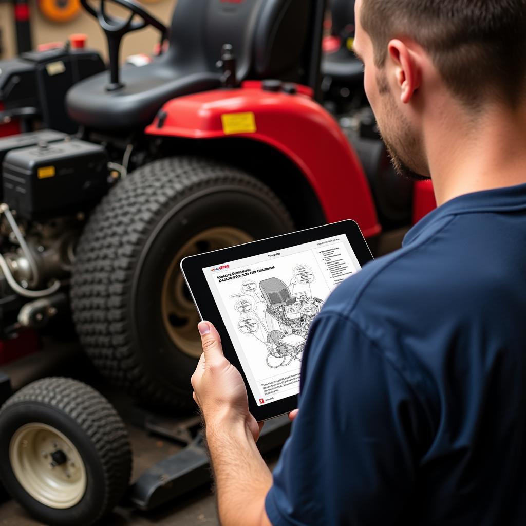 Mechanic using PDF manual on tablet while repairing Scag mower