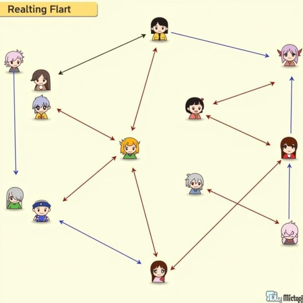 Miitopia relationship chart showing various Mii characters and their connections