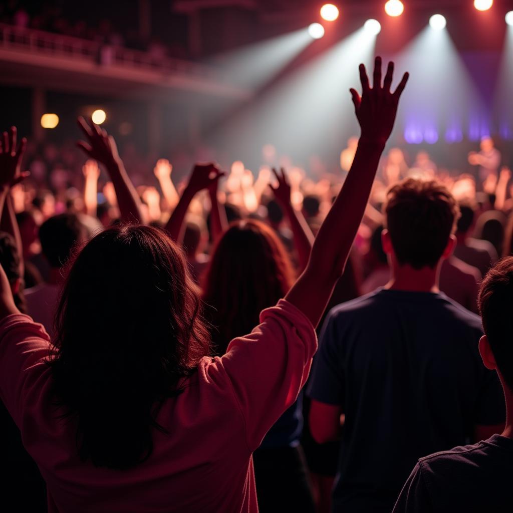 People with uplifted hands during a Moses Bliss concert