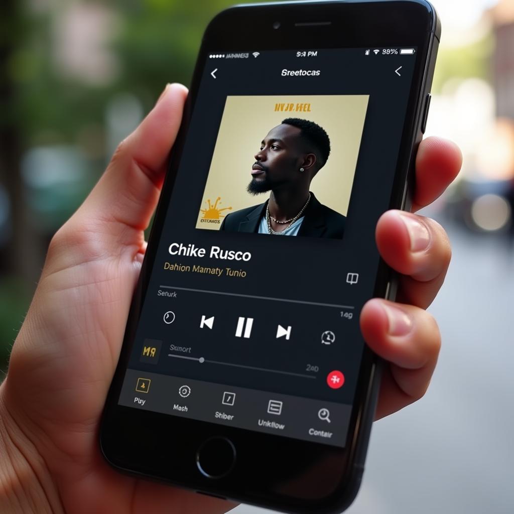 Using a music streaming app on a mobile phone