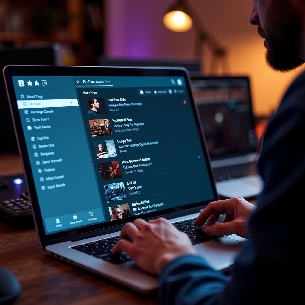 Musician Browsing MIDI Files on a Laptop