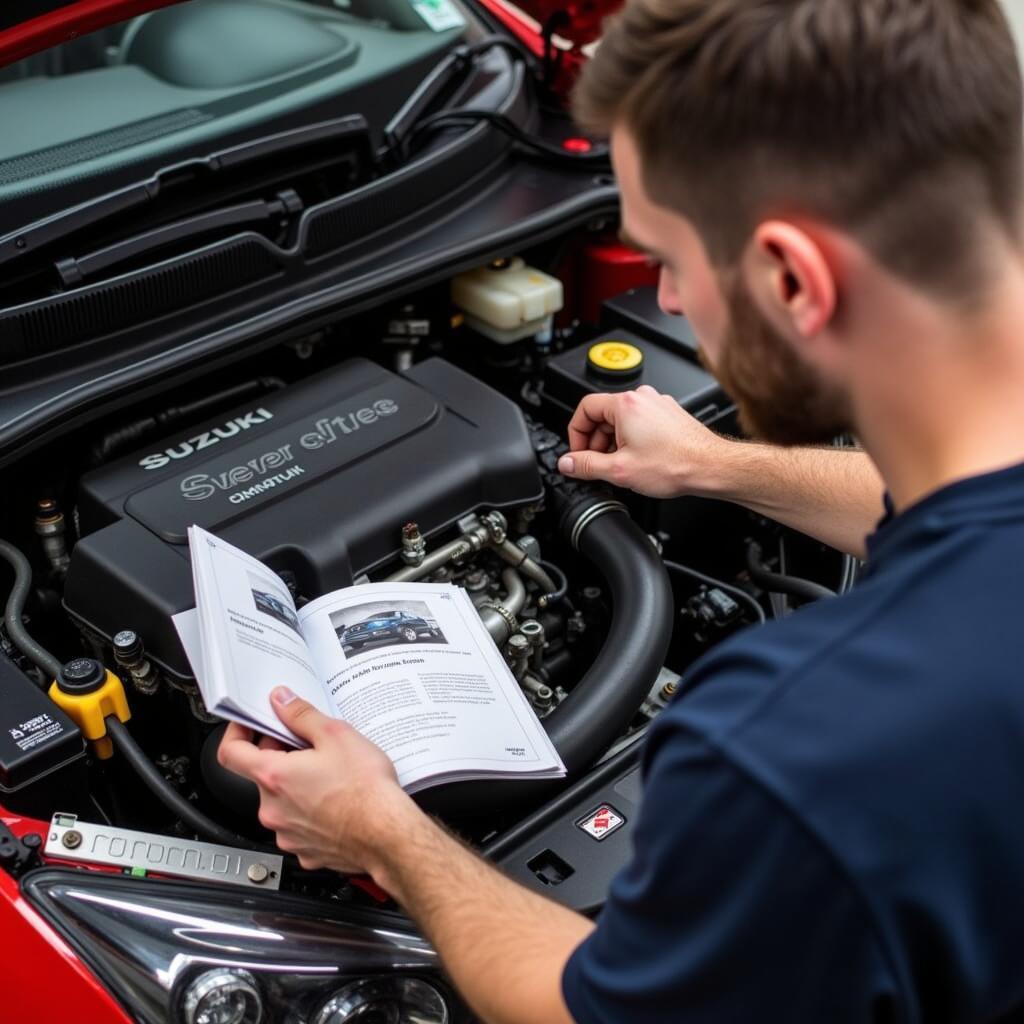 Using a Suzuki owner's manual for reference during a car repair