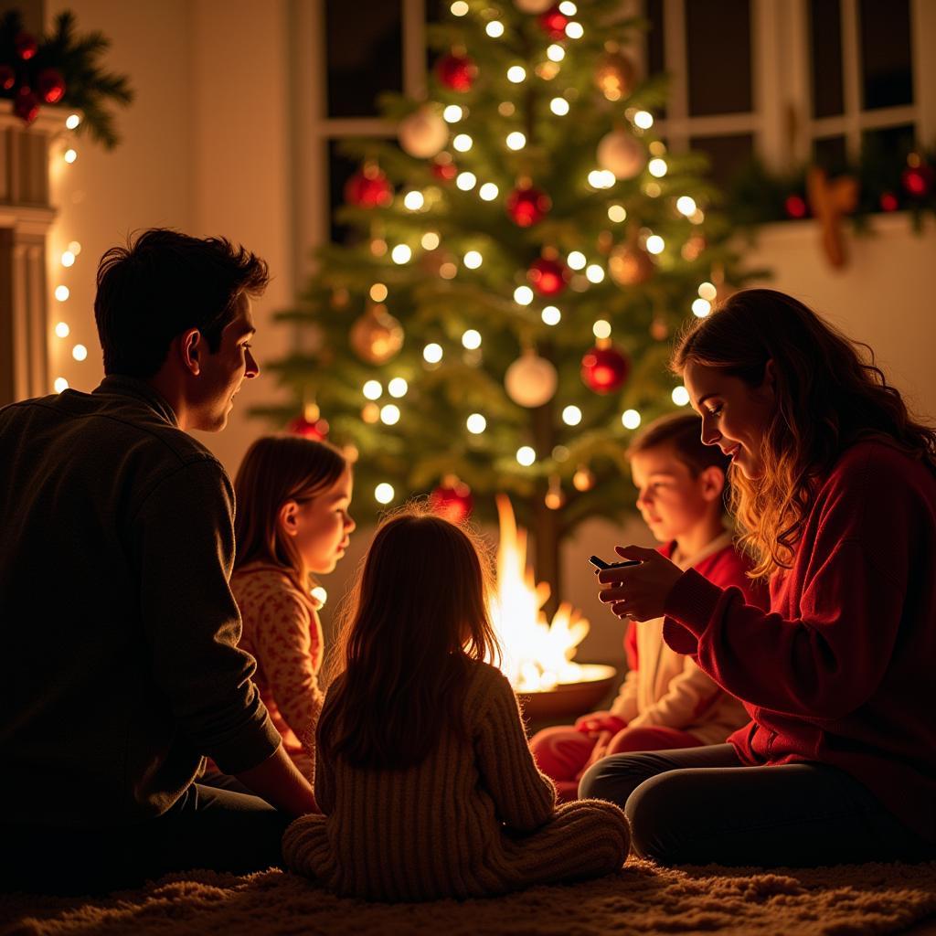 Family Singing O Come All Ye Faithful Around Christmas Tree