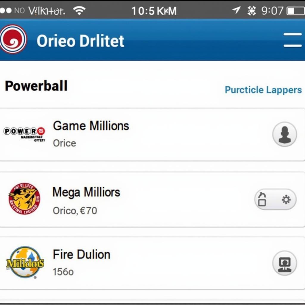 Ohio Lottery app game selection screen