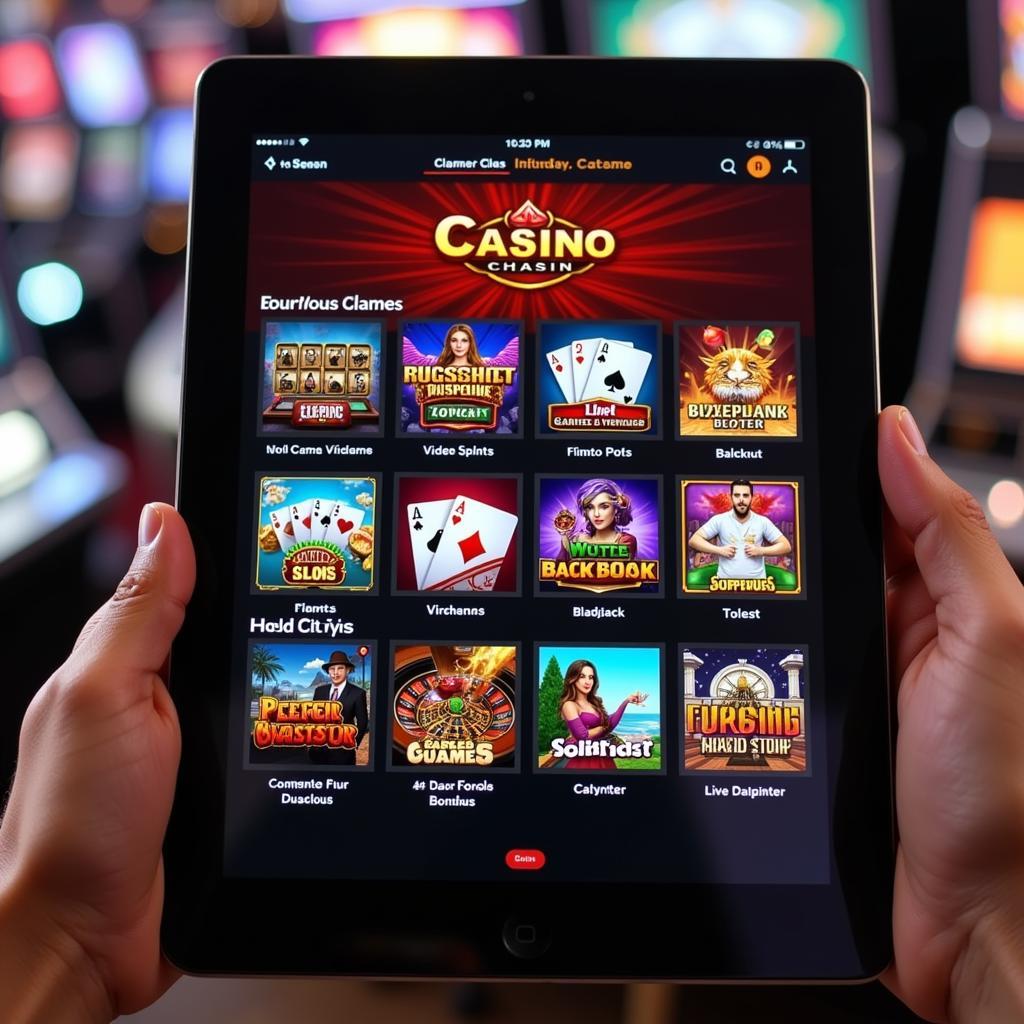 A diverse selection of online casino game icons displayed on a tablet screen.