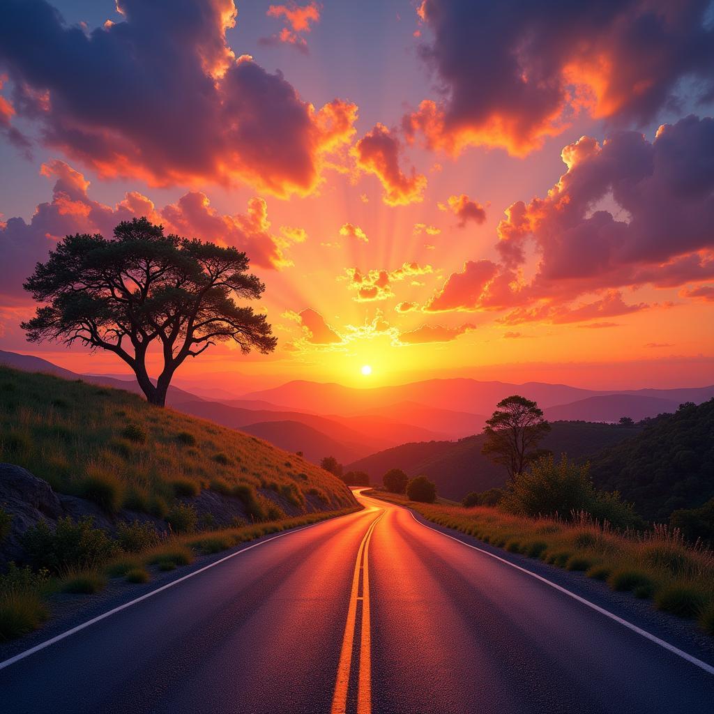 A winding road leading towards a breathtaking sunset