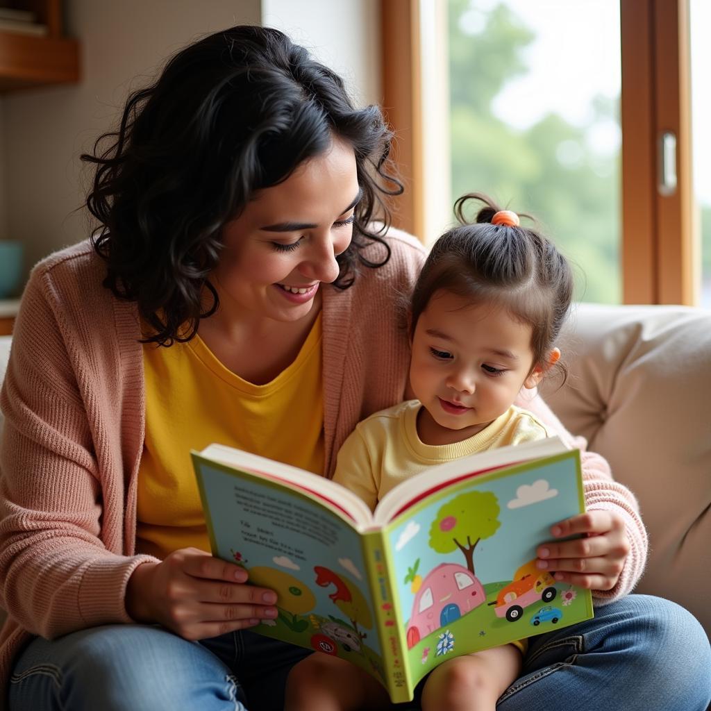 A parent joyfully reading a picture book to their child