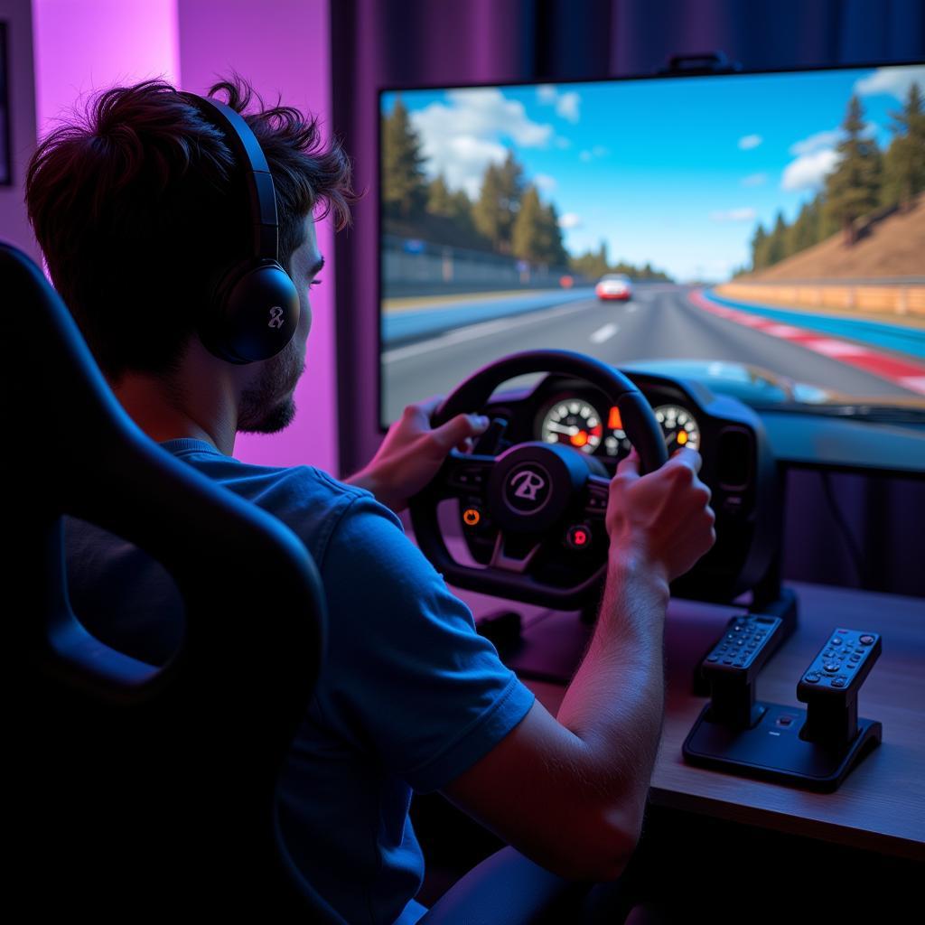 Gamer Playing on a PC with Racing Wheel