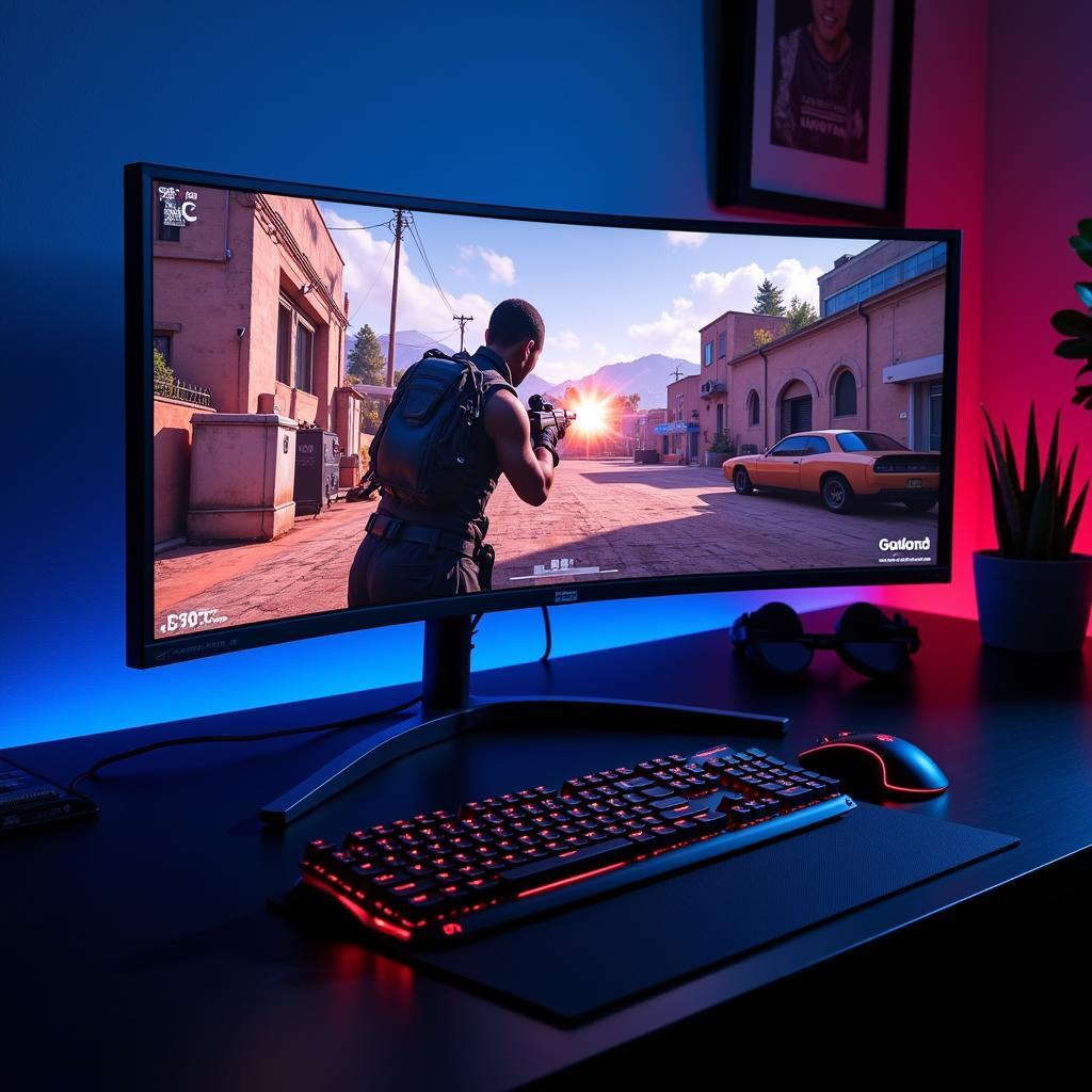 PC gaming setup with large monitor, keyboard, and mouse