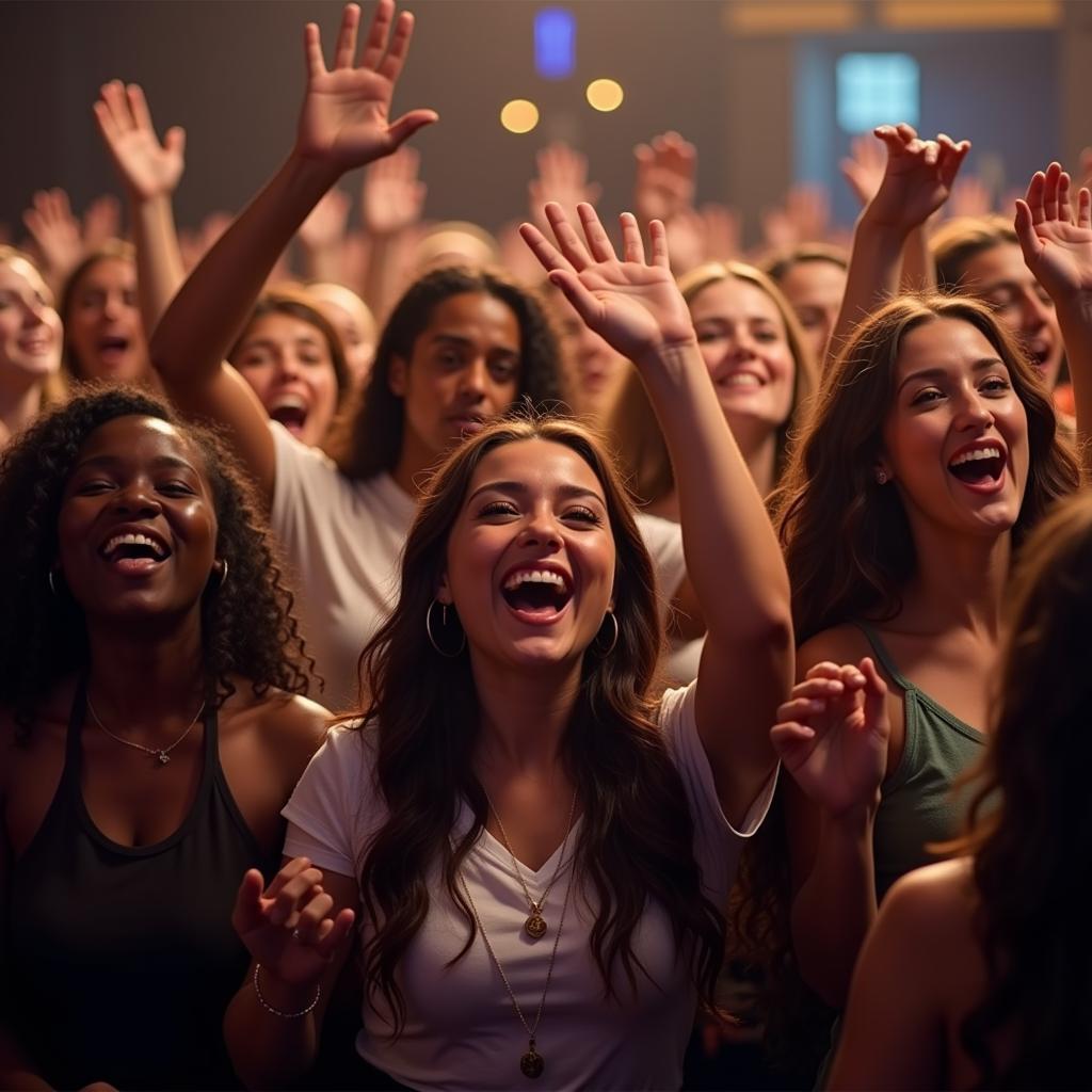 People joyfully worshiping with hands raised in the air