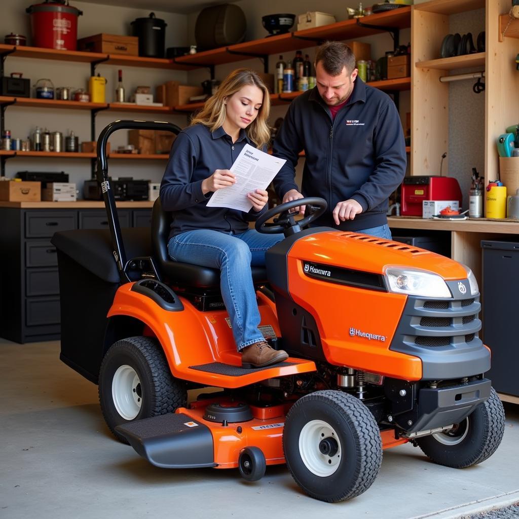 Person consulting the Husqvarna YTH24V48 manual while performing maintenance