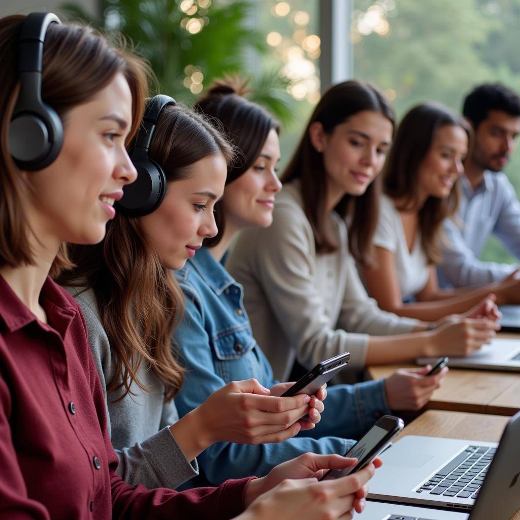 People using various devices for personalized audio