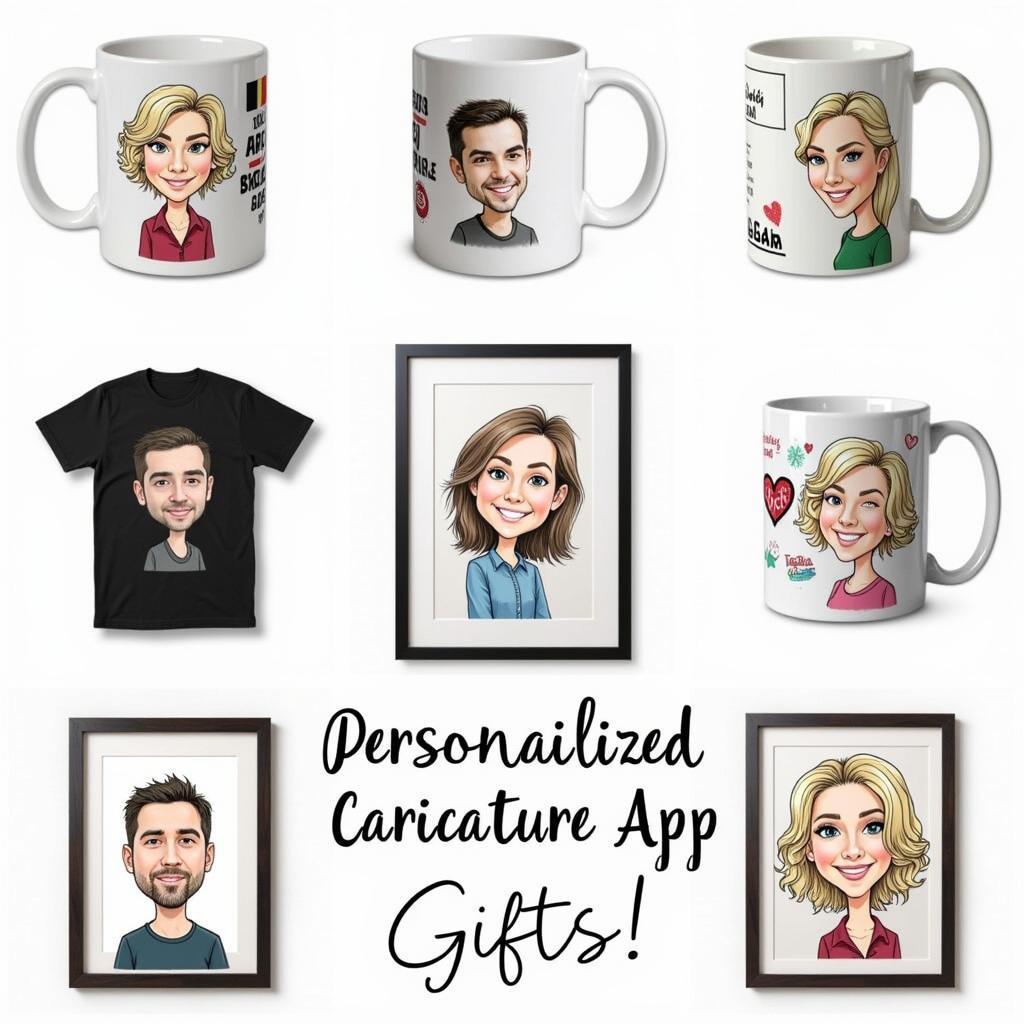 Examples of personalized caricature gifts created using a free app.