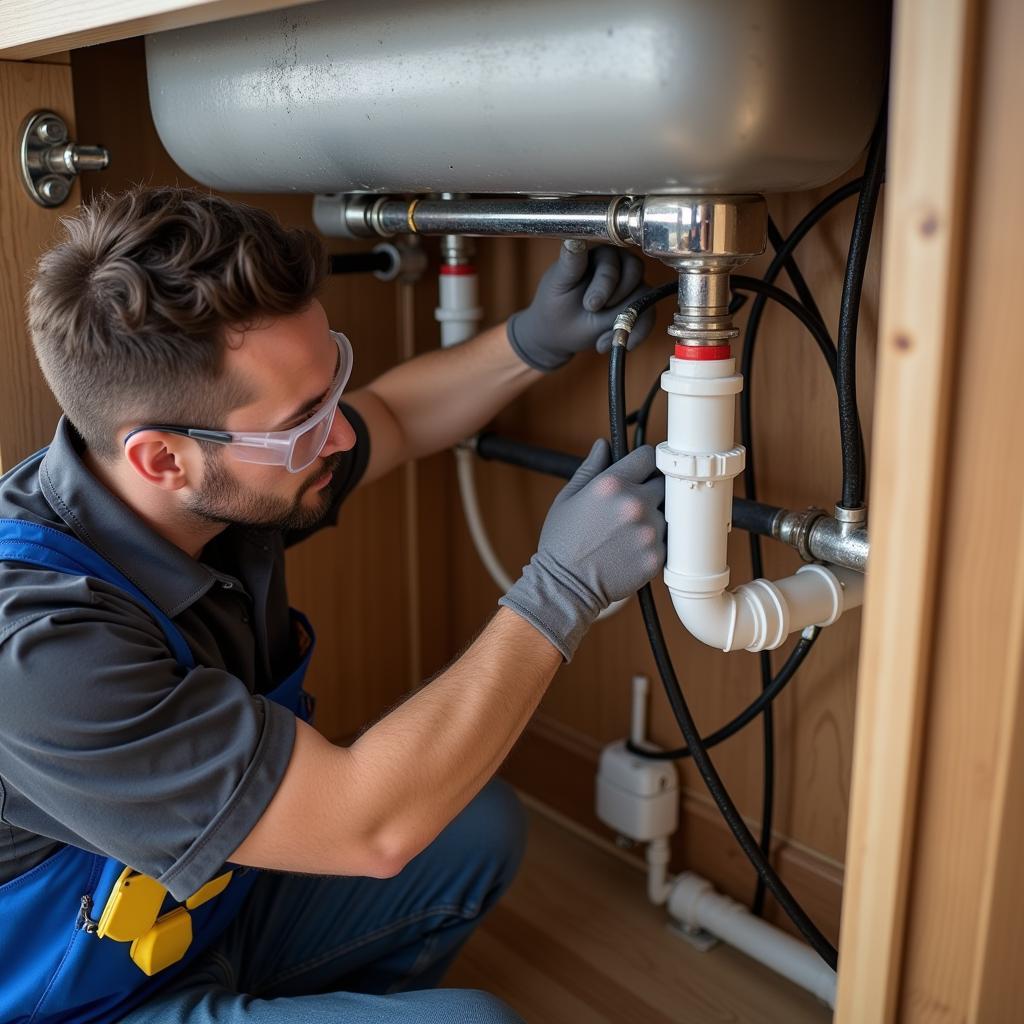 Plumber Working on Pipes