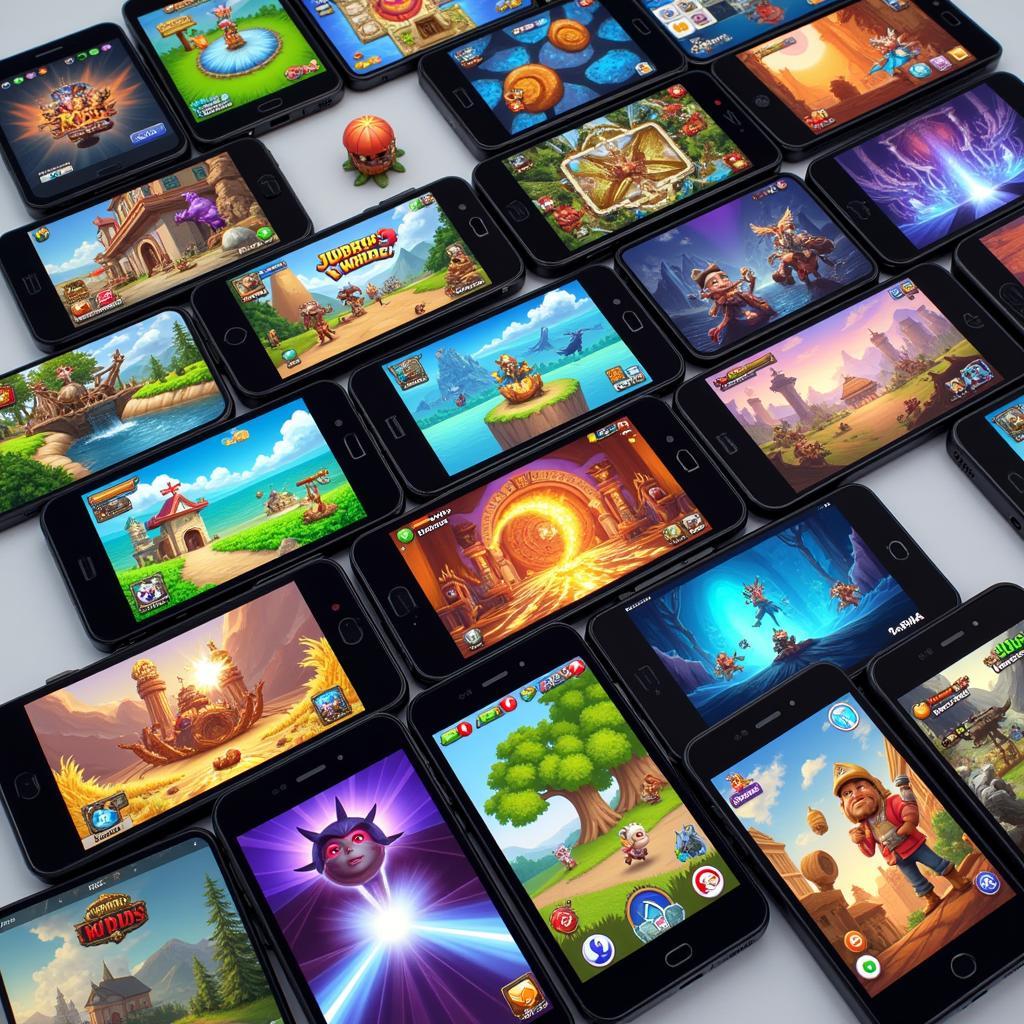 Various Mobile Game Genres Displayed on Smartphone Screens