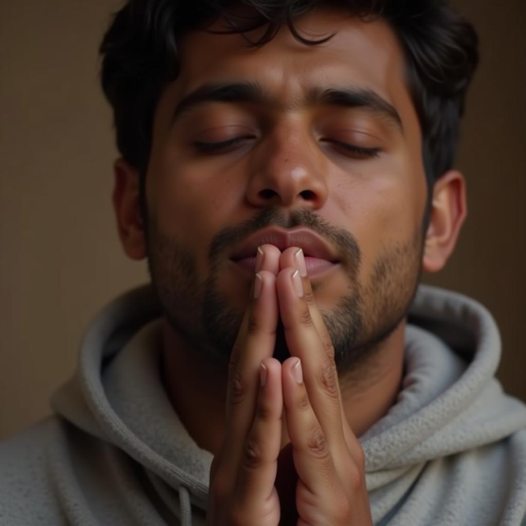 A person deep in prayer, hands clasped, with a peaceful expression