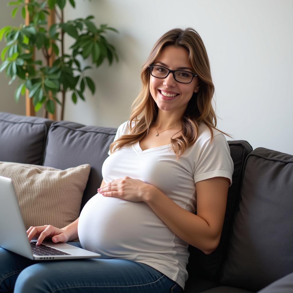 A pregnant woman works from home using her laptop.