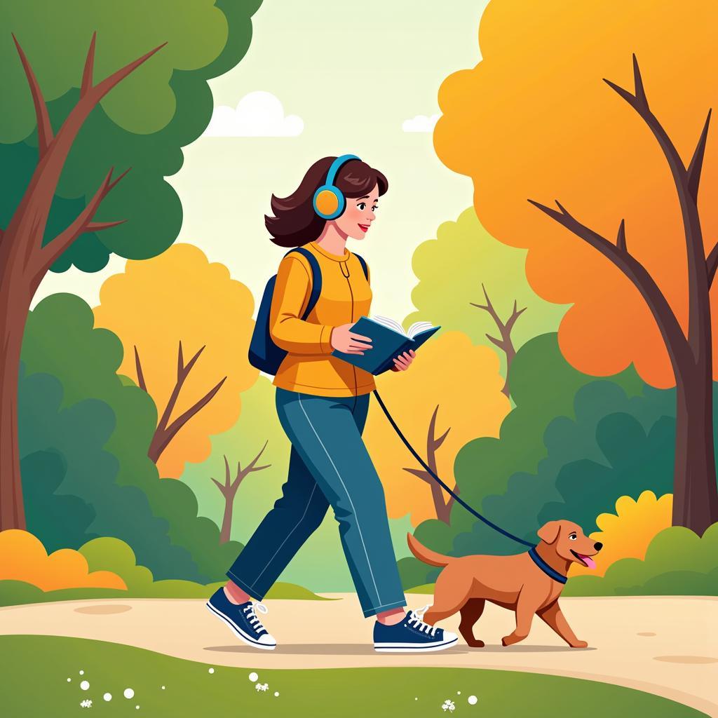 A person listening to an audiobook while walking their dog in the park