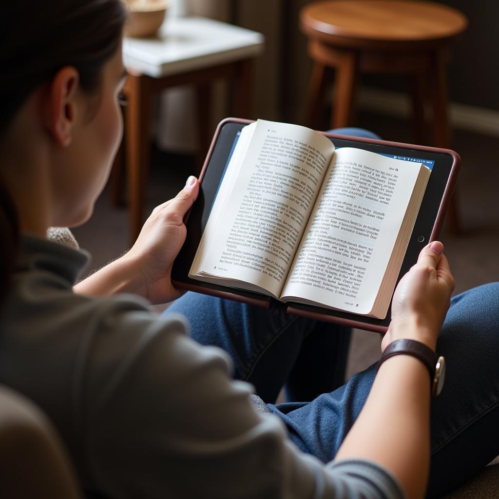 Someone reading a theology book on a tablet in a relaxed setting