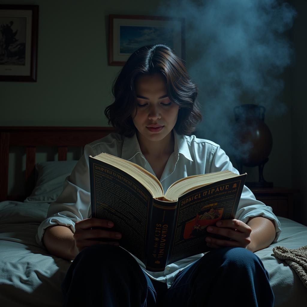  A person reading a book with a captivated expression, surrounded by imagery that evokes suspense and intrigue, such as a maze, a clock ticking, and a question mark.