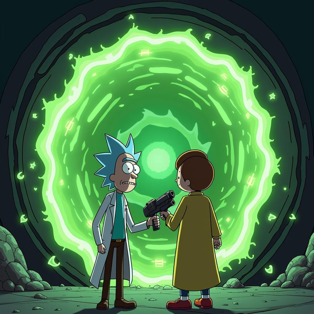 Rick and Morty Holding a Portal Gun