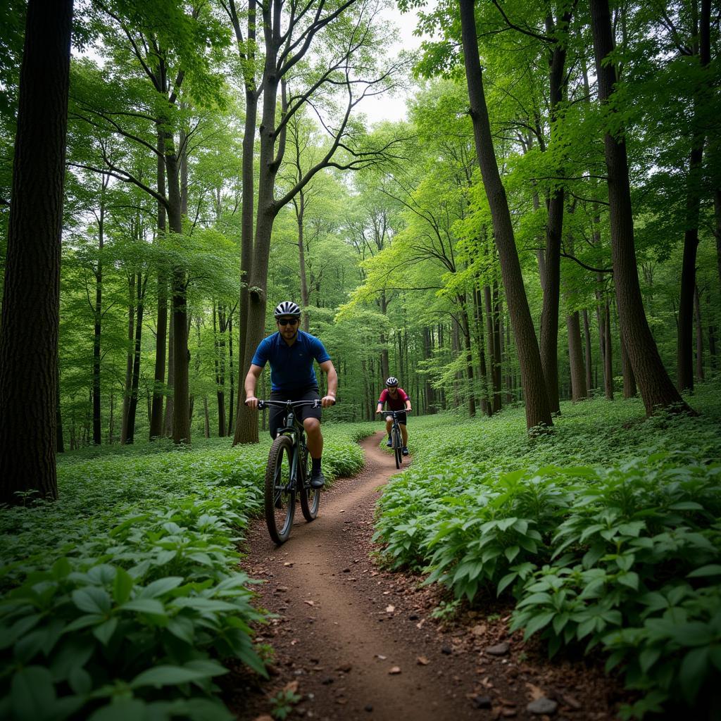 Off-road vehicles navigating a dense forest trail