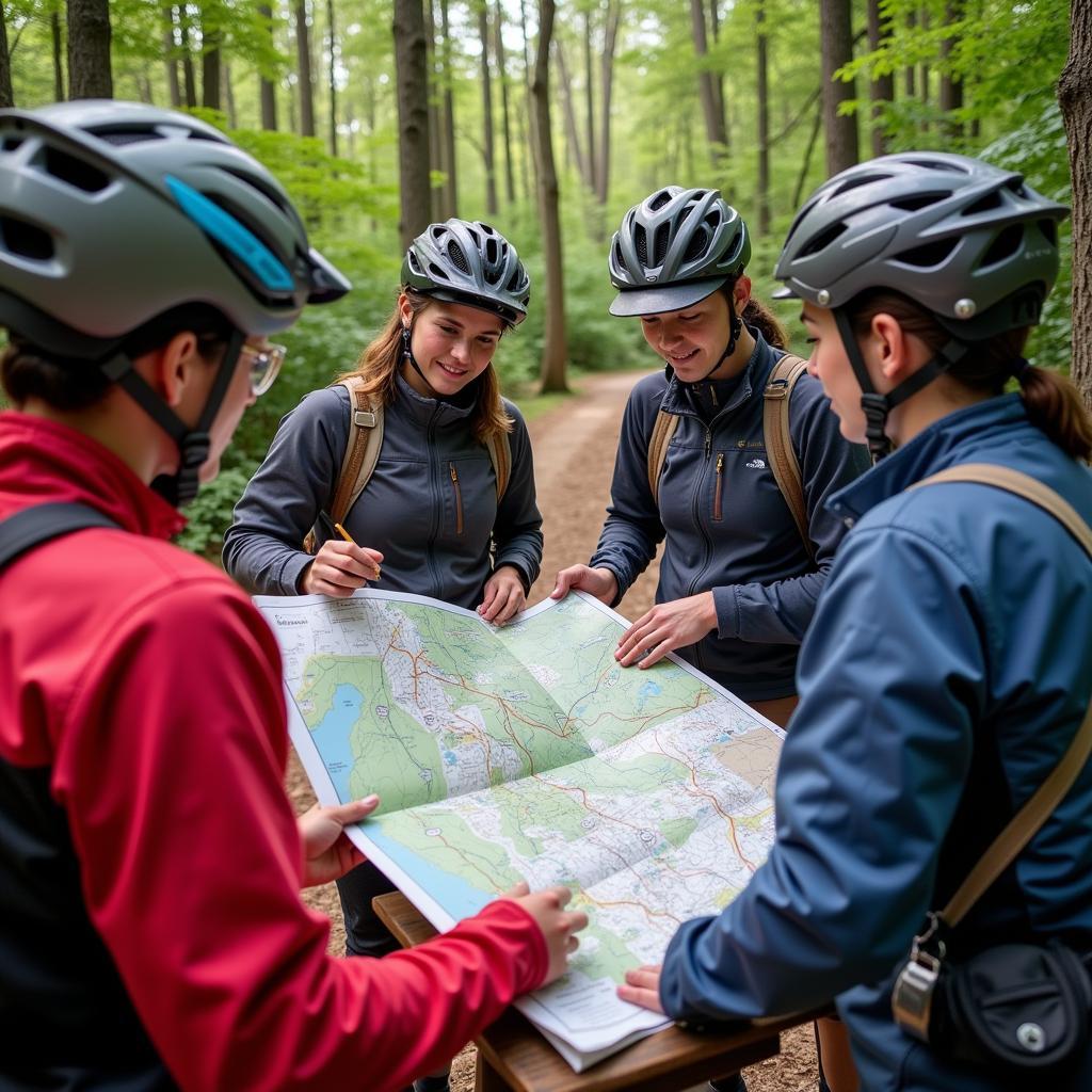 Group of riders stopped at a trail intersection studying a physical map