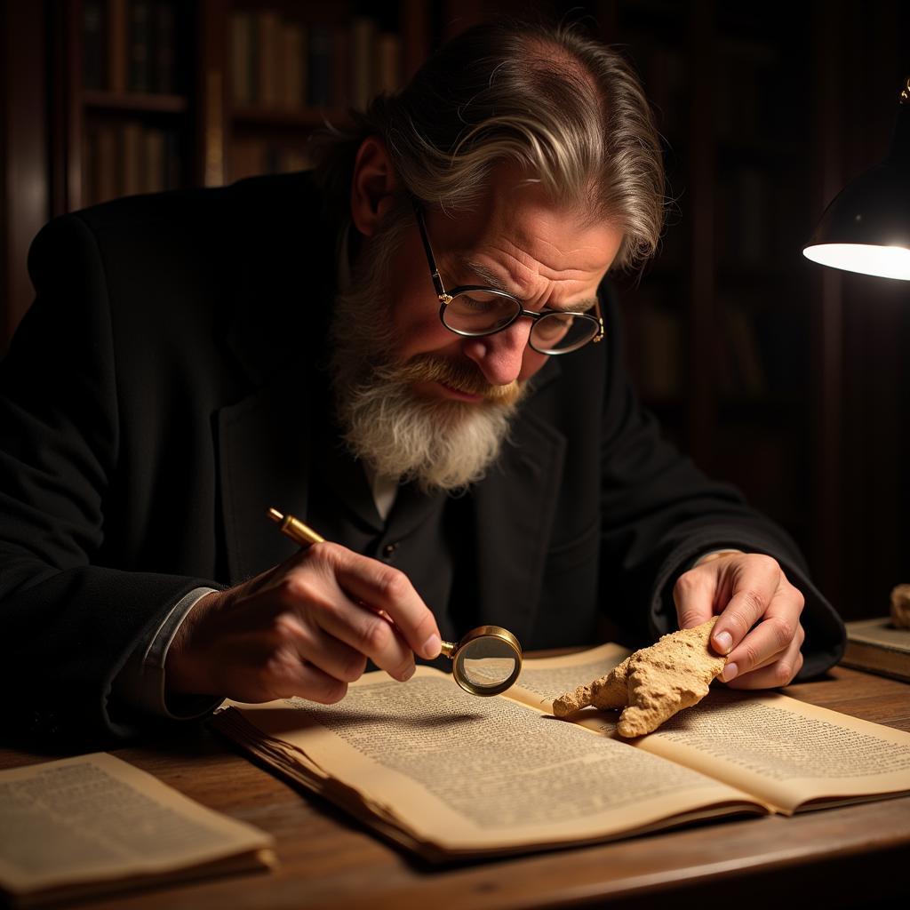 Scholar Examining Ancient Texts Under Magnifying Glass