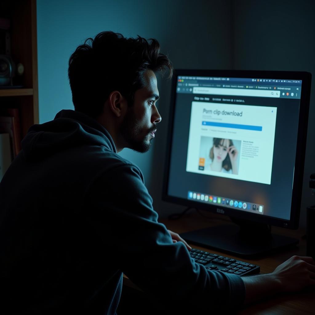 A person sitting at a computer searching for "porn clip download," their face illuminated by the screen light, with a look of concern and uncertainty.