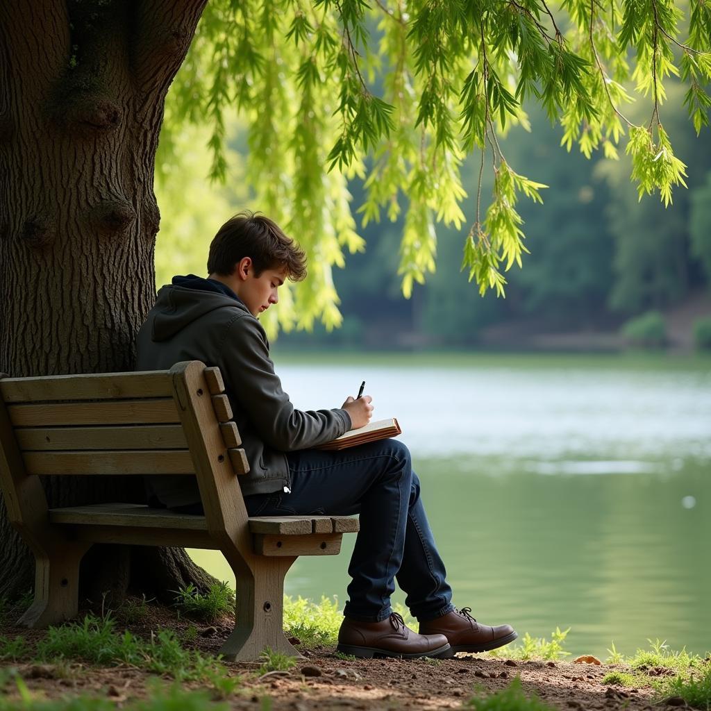 A person journaling in a peaceful outdoor setting