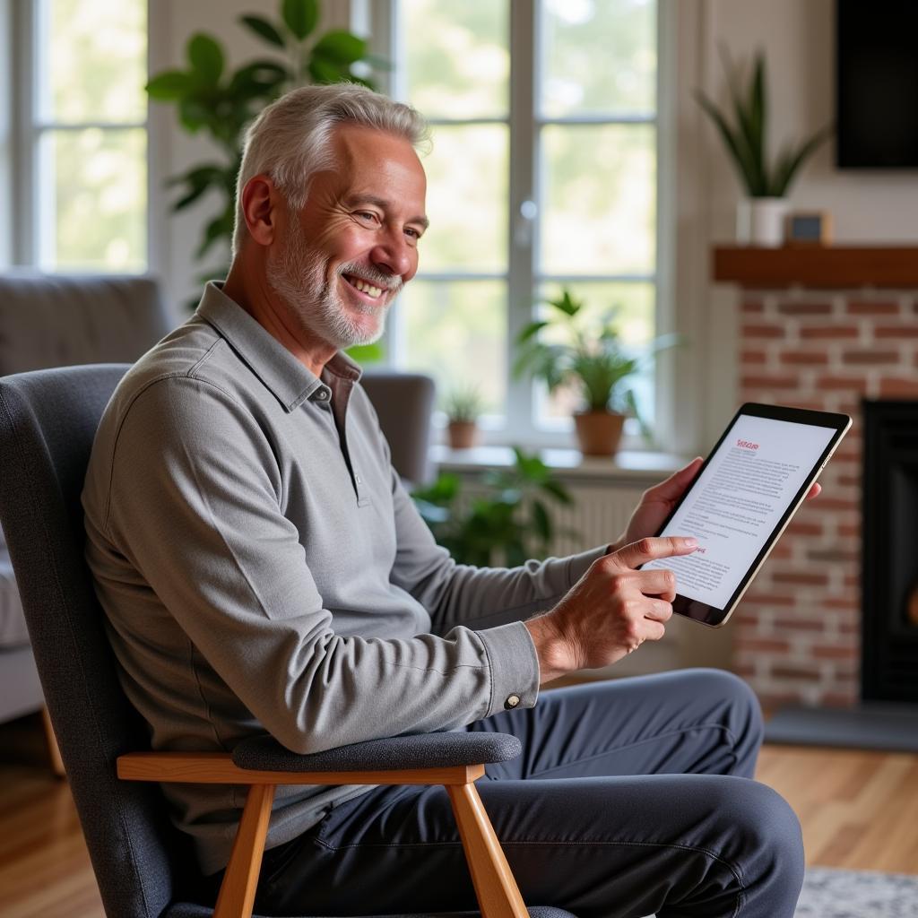 Senior Man Practicing Chair Yoga Using a PDF Guide