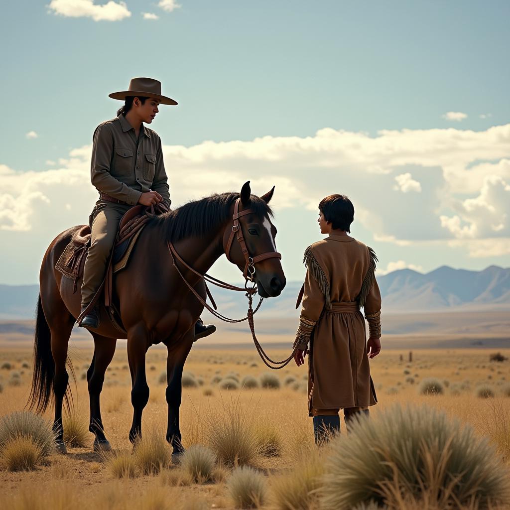 A scene from Spirit Stallion of the Cimarron featuring Spirit and Little Creek