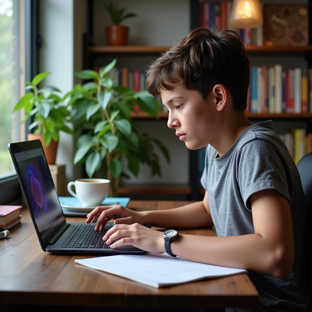 Student Studying Cell Biology on a Laptop