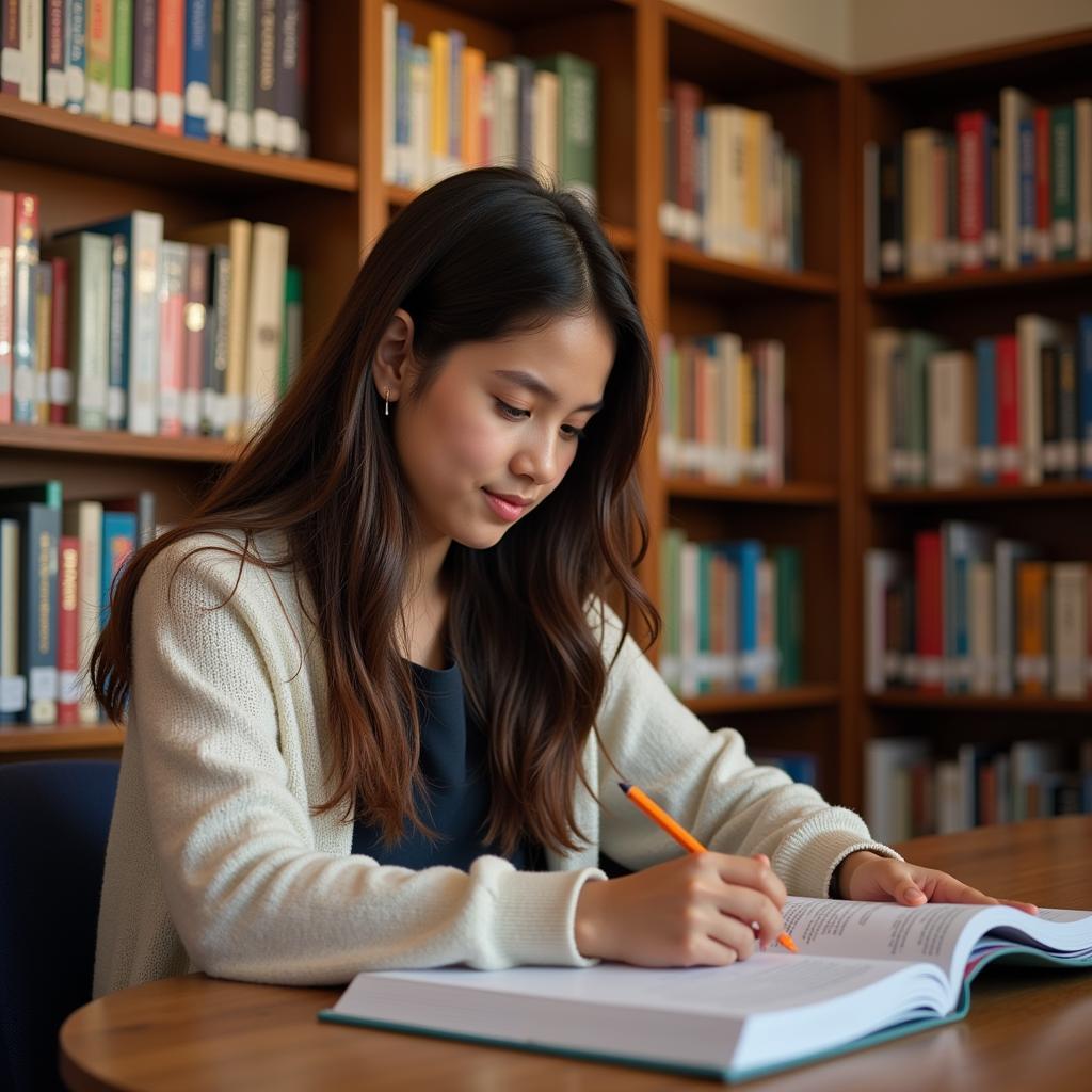 Student Studying Spanish in Library