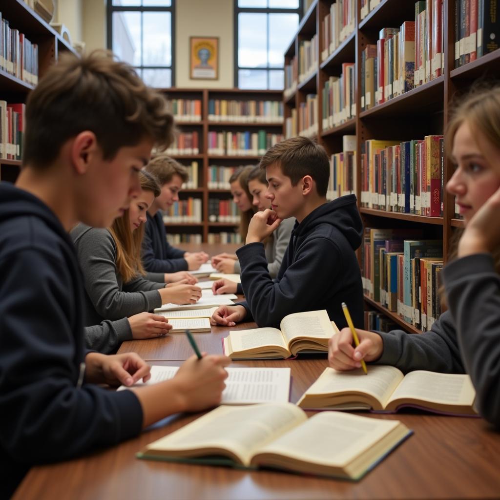 Students Studying with Textbooks in Library