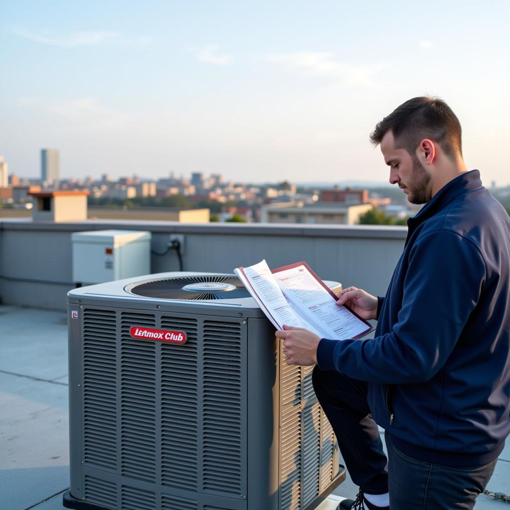 An HVAC technician in a uniform is consulting a Lennox service manual while working on a rooftop unit