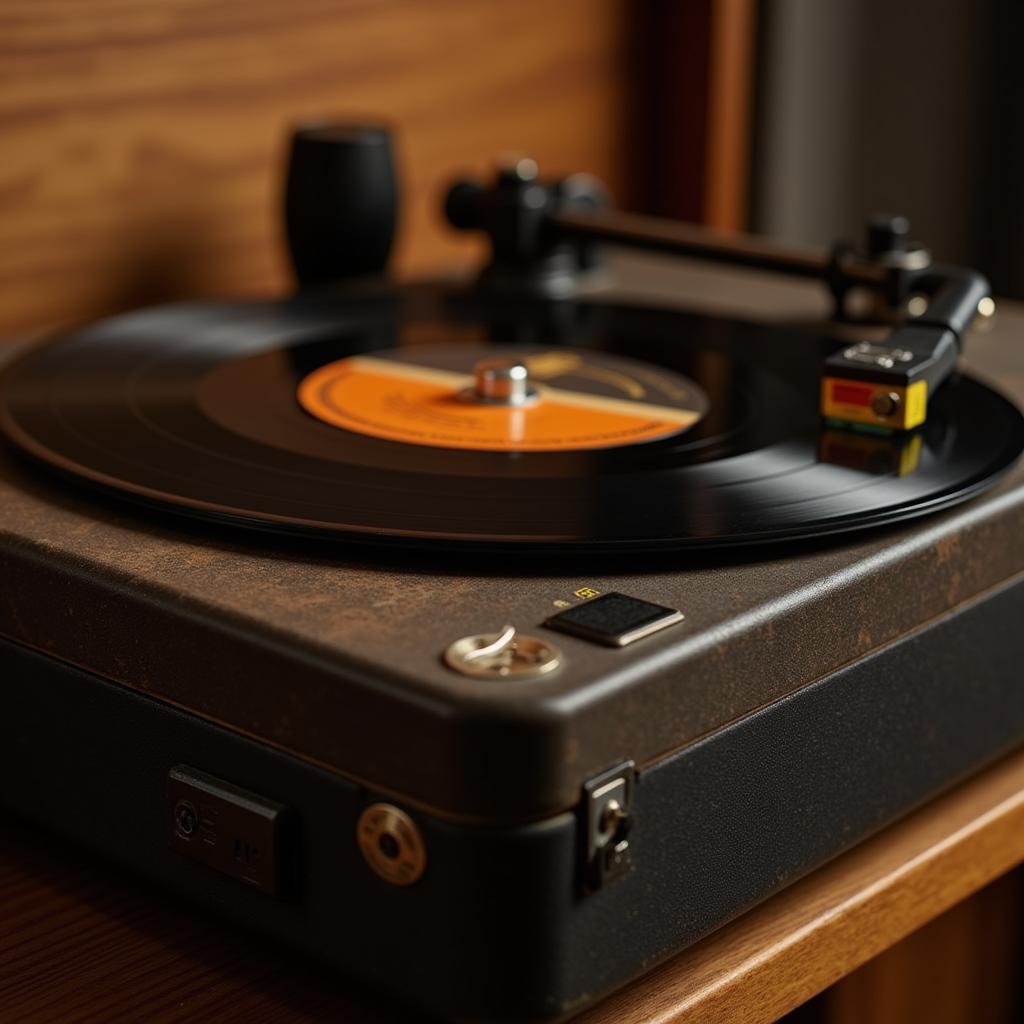 Close-up of a vinyl record spinning on a turntable