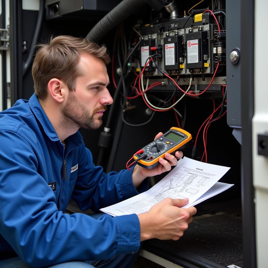 Volvo truck technician using a multimeter