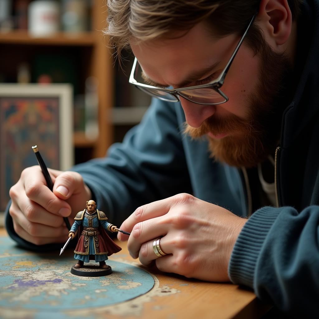 A Warhammer fan meticulously paints a miniature from The Old World setting