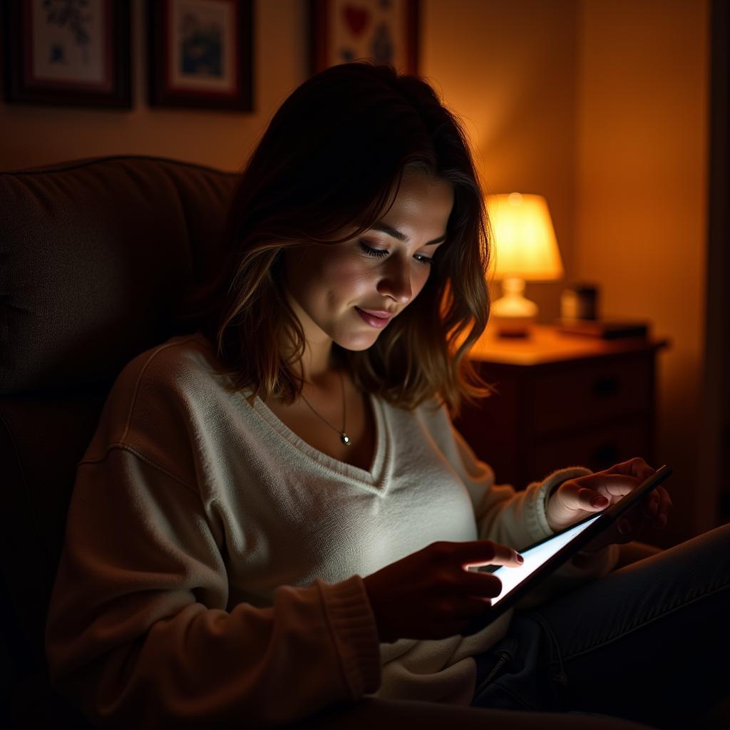 Woman Curled Up with a Romantic Book PDF on a Tablet