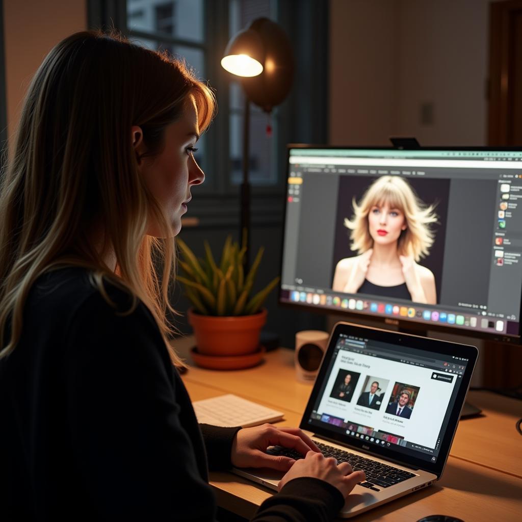 Woman downloading Taylor Swift songs on a laptop